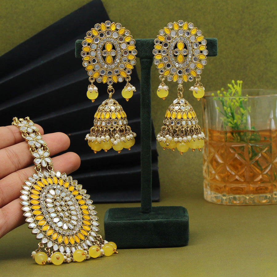 Konnect Box Golden Embellished Jhumka Earrings with Maangtikka at Rs  295/pair in Mumbai