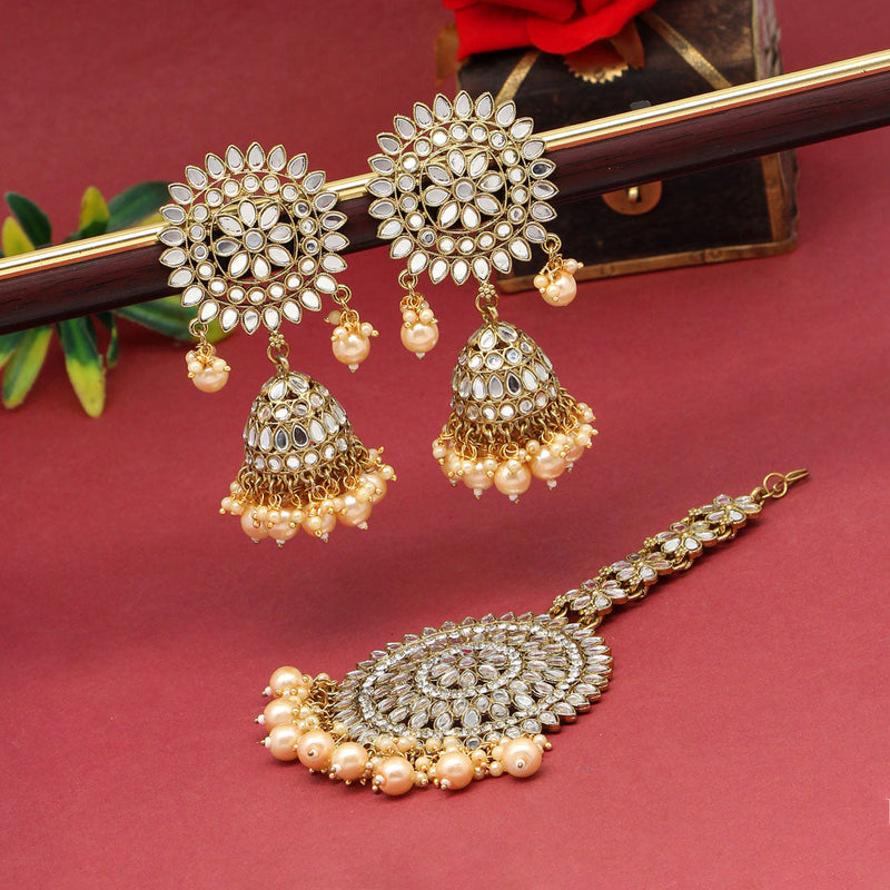 Gold Color Mirror Kundan Earrings With Maang Tikka (MTKE460GLD)