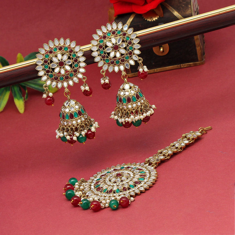 Maroon & Green Color Mirror Kundan Earrings With Maang Tikka (MTKE460MG)