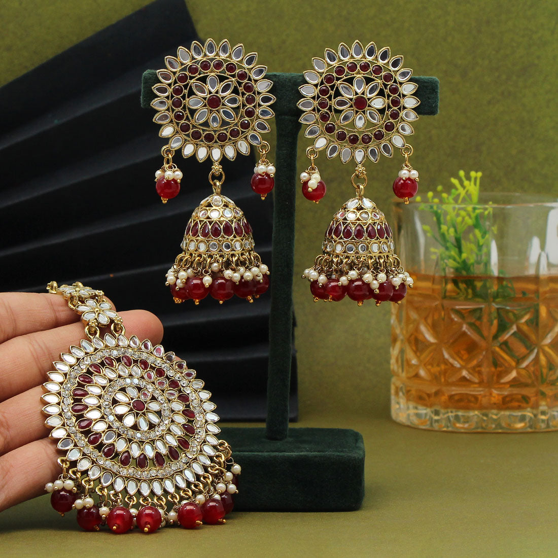 Maroon Color Mirror Kundan Earrings With Maang Tikka (MTKE460MRN)
