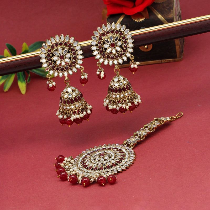 Maroon Color Mirror Kundan Earrings With Maang Tikka (MTKE460MRN)