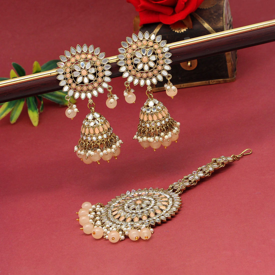 Peach Color Mirror Kundan Earrings With Maang Tikka (MTKE460PCH)