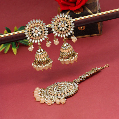 Peach Color Mirror Kundan Earrings With Maang Tikka (MTKE460PCH)