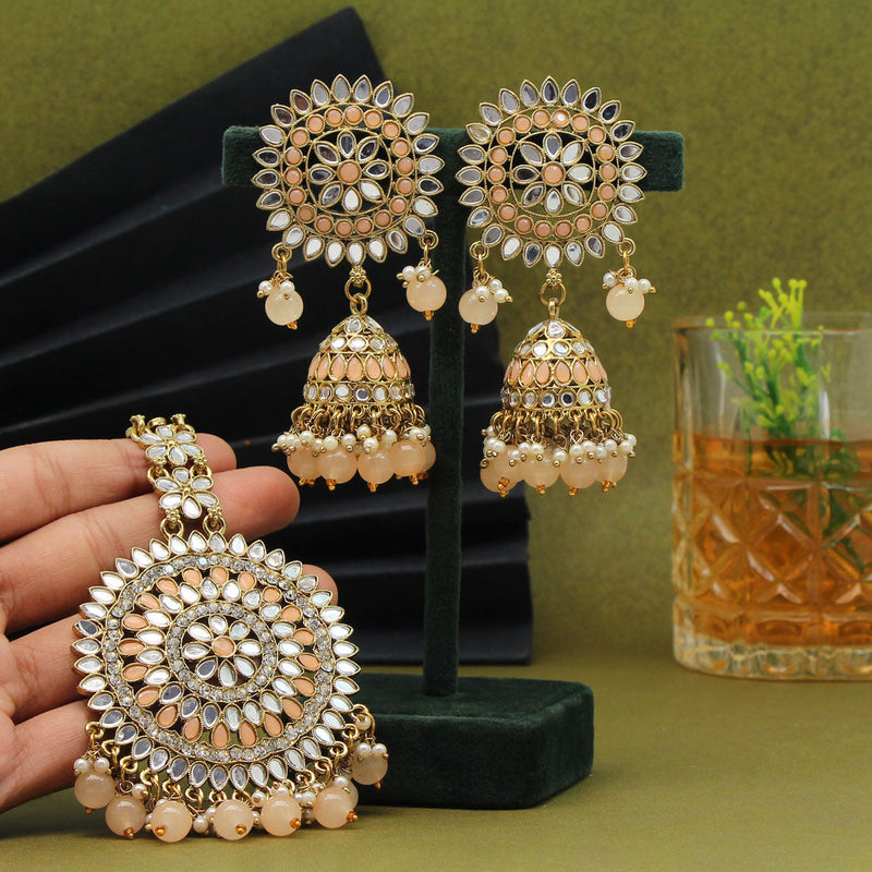 Peach Color Mirror Kundan Earrings With Maang Tikka (MTKE460PCH)