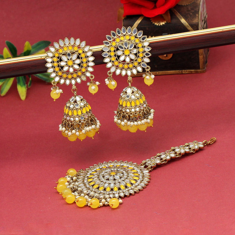 Yellow Color Mirror Kundan Earrings With Maang Tikka (MTKE460YLW)