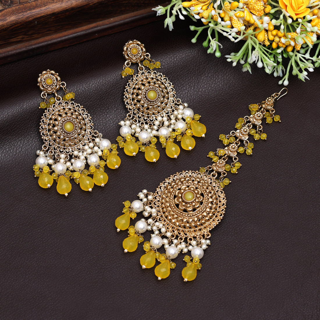 Yellow Color Earrings With Maang Tikka (MTKE467YLW)
