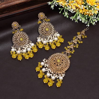 Yellow Color Earrings With Maang Tikka (MTKE467YLW)