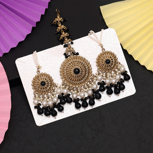 Black Color Earrings With Maang Tikka (MTKE468BLK)