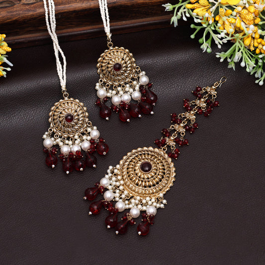 Maroon Color Earrings With Maang Tikka (MTKE468MRN)