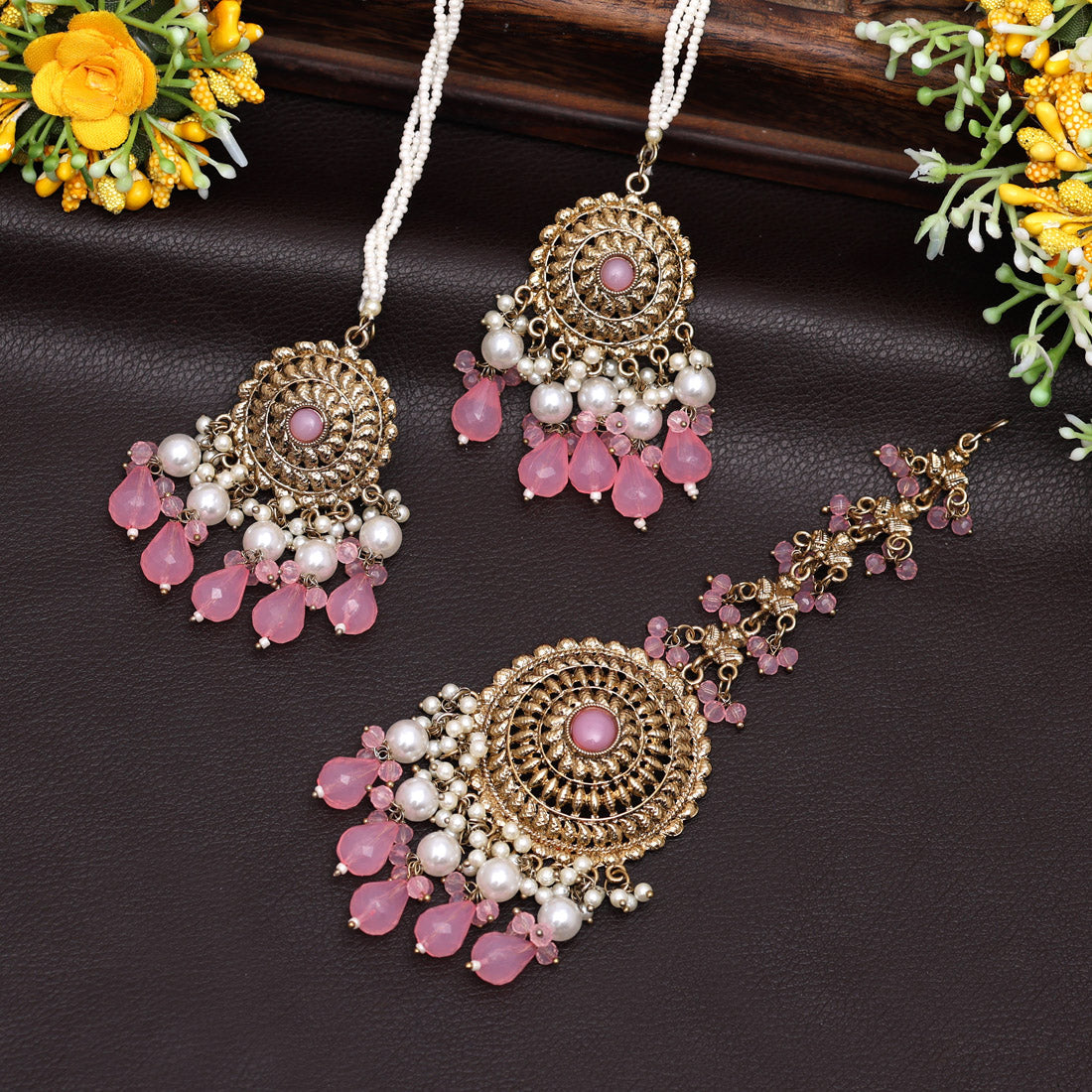 Pink Color Earrings With Maang Tikka (MTKE468PNK)