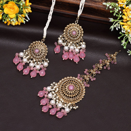Pink Color Earrings With Maang Tikka (MTKE468PNK)