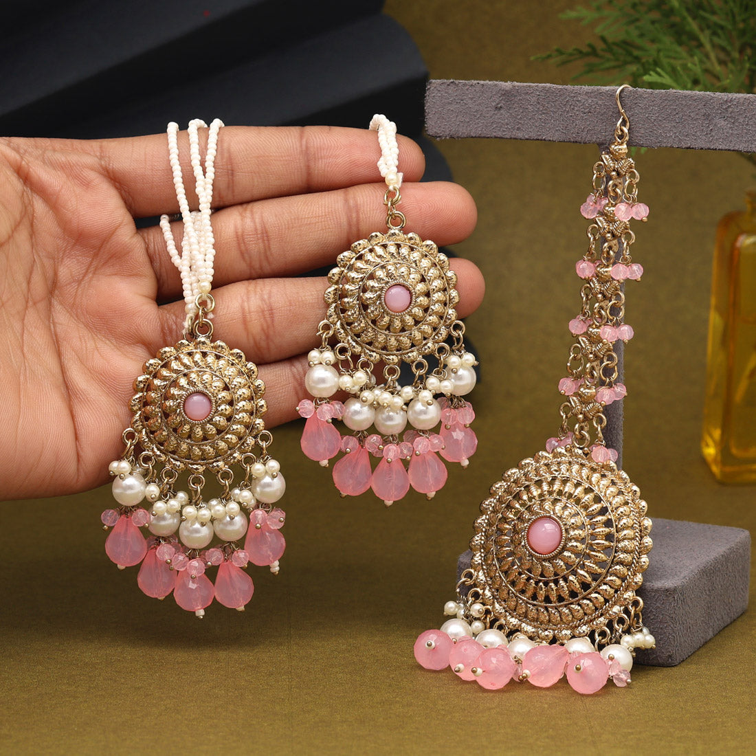 Pink Color Earrings With Maang Tikka (MTKE468PNK)