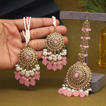 Pink Color Earrings With Maang Tikka (MTKE468PNK)