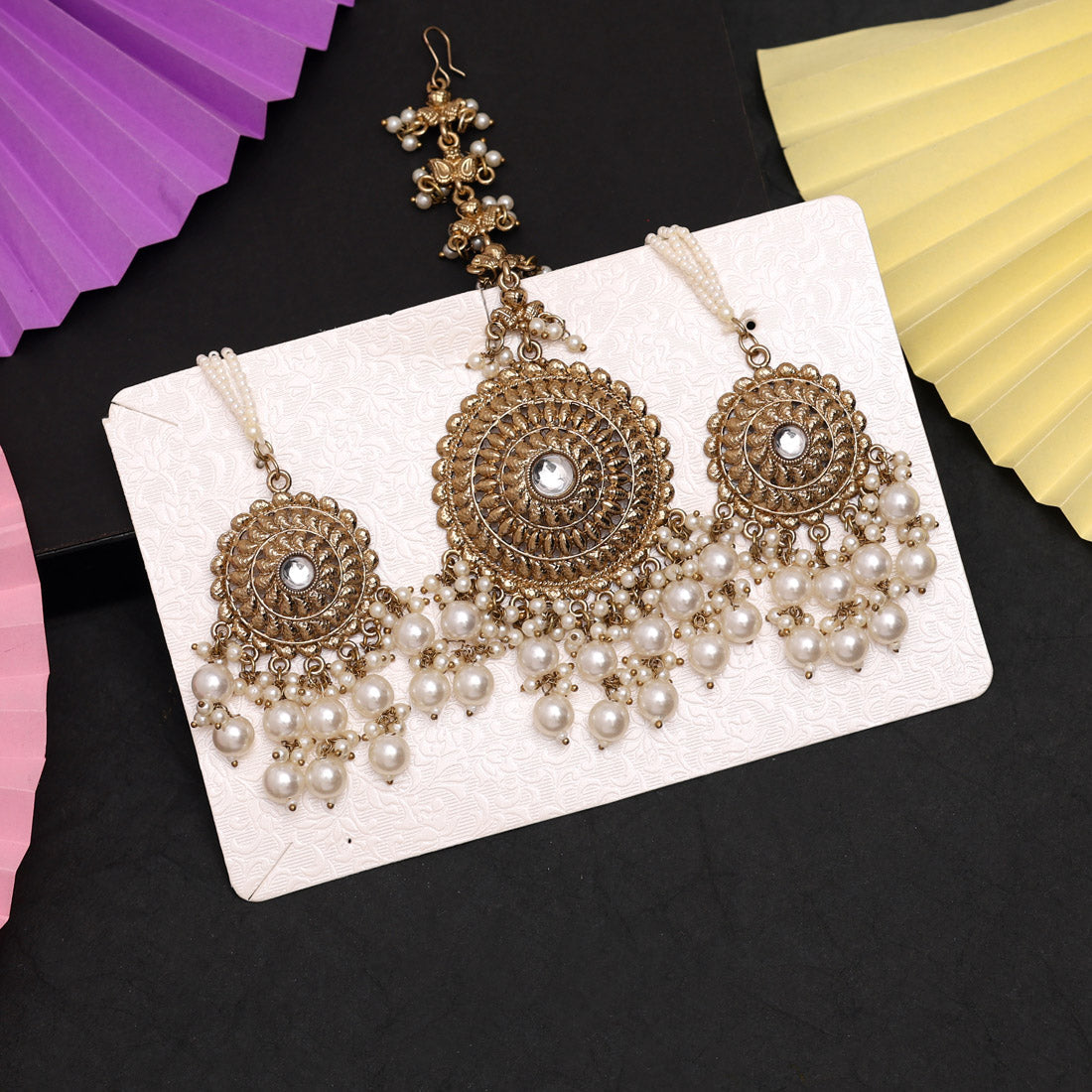 White Color Earrings With Maang Tikka (MTKE468WHT)