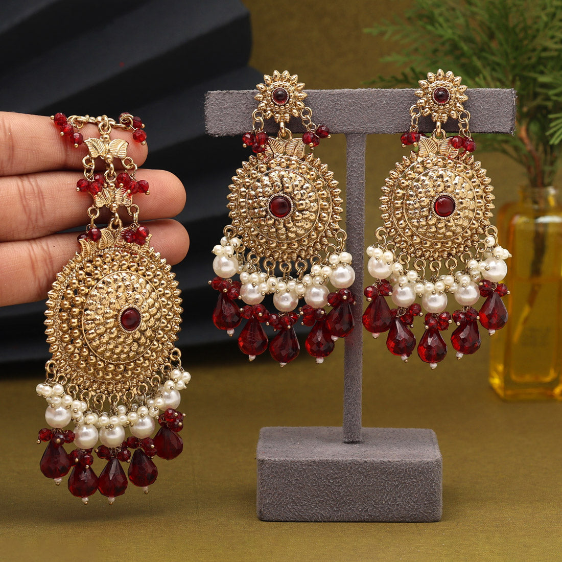 Maroon Color Earrings With Maang Tikka (MTKE469MRN)