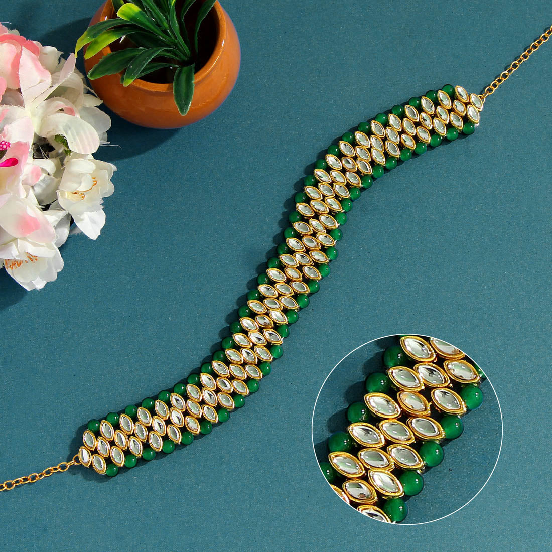 Green Color Kundan Hair Band/Chain Matha Patti (MTP317GRN)