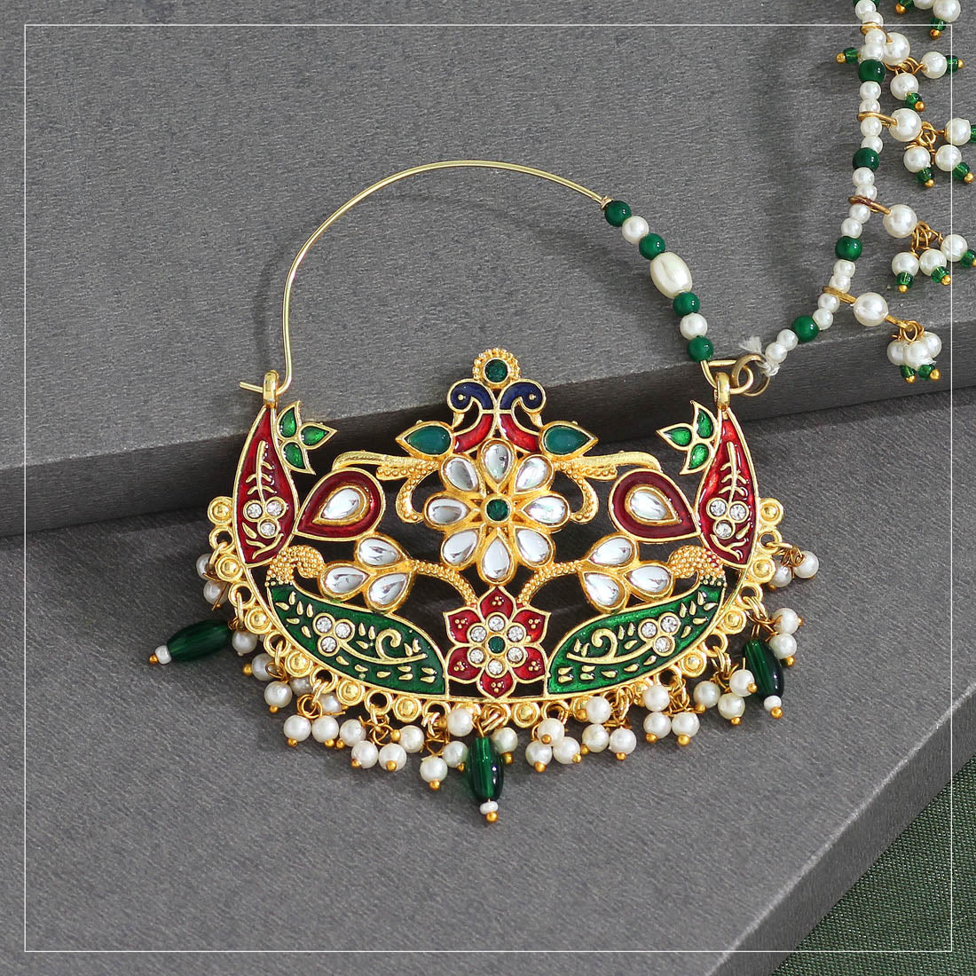 Green & Maroon Color Kundan & Beads Nose Nath (NTH303GM)