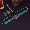 Rama Green Color Black Silver Brass Choker Premium AD Necklace Set (PCZN673RGRN)