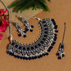 Blue Color Black Silver Brass Premium American Diamond Necklace Set (PCZN677BLU)