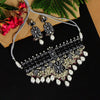Black Color Black Silver Brass Premium American Diamond Choker Necklace Set (PCZN679BLK)