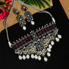 Maroon Color Black Silver Brass Premium American Diamond Choker Necklace Set (PCZN679MRN)