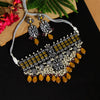 Yellow Color Black Silver Brass Premium American Diamond Choker Necklace Set (PCZN679YLW)