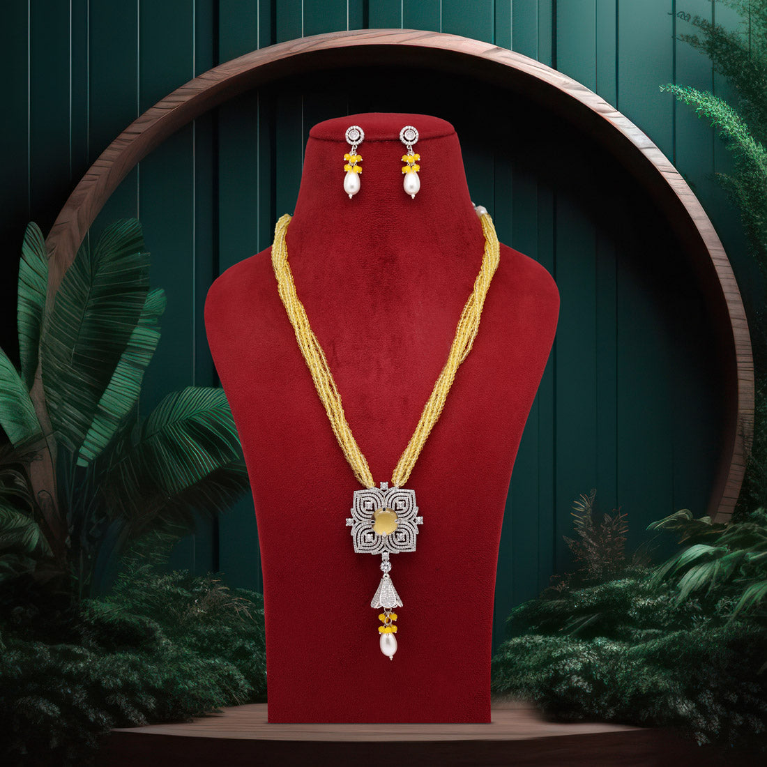 Yellow Color American Diamond Premium Necklace Set (PCZN790YLW)