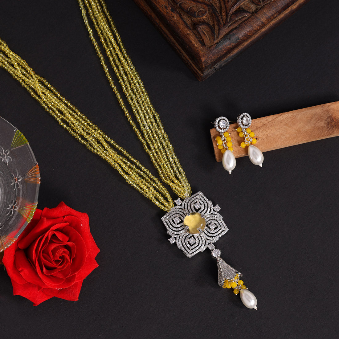 Yellow Color American Diamond Premium Necklace Set (PCZN790YLW)