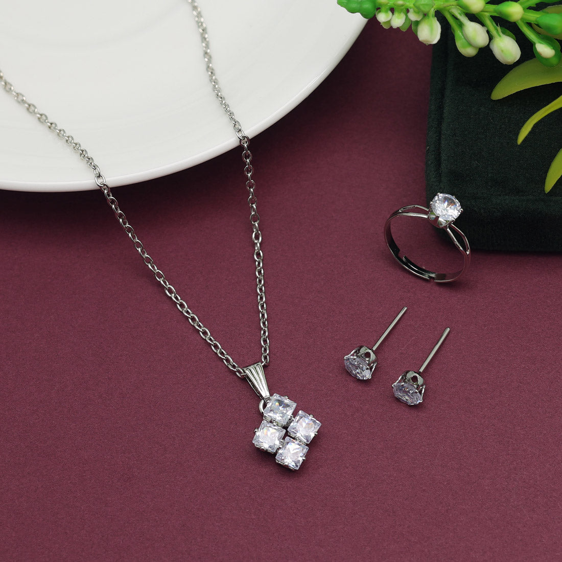 Silver Color Stone Locket Pendant Set (PLKP165SLV)