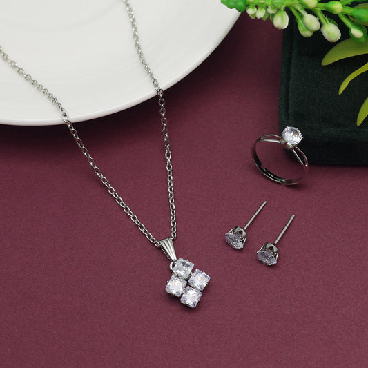 Silver Color Stone Locket Pendant Set (PLKP165SLV)