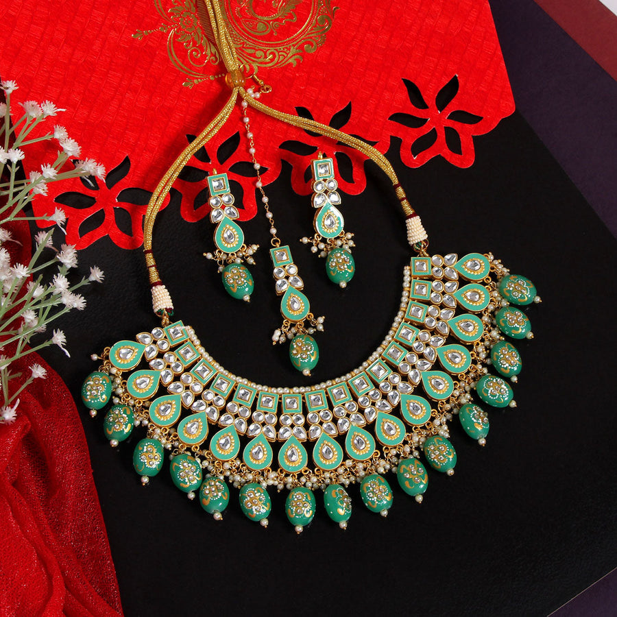 Green Golden Polki Necklace Set - Luxurious Charm – Joules by Radhika