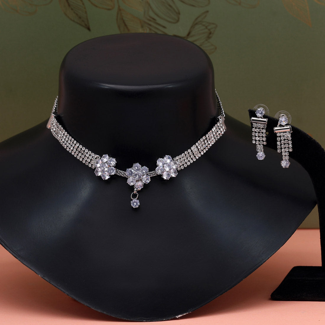 Silver Color Stone Necklace Set (STN189SLV)