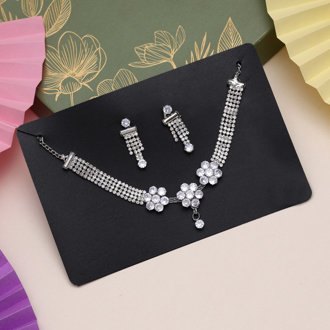 Silver Color Stone Necklace Set (STN189SLV)