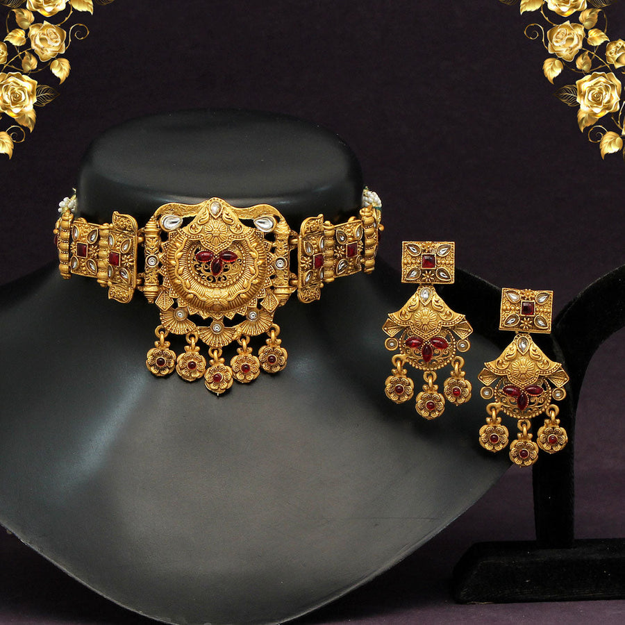 Rani Color Choker Matte Gold Temple Necklace Set TPLN290RNI