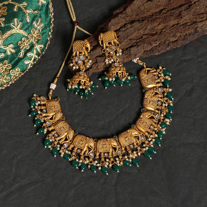 Green Color Rajwadi Matte Gold Necklace Set (TPLN418GRN)
