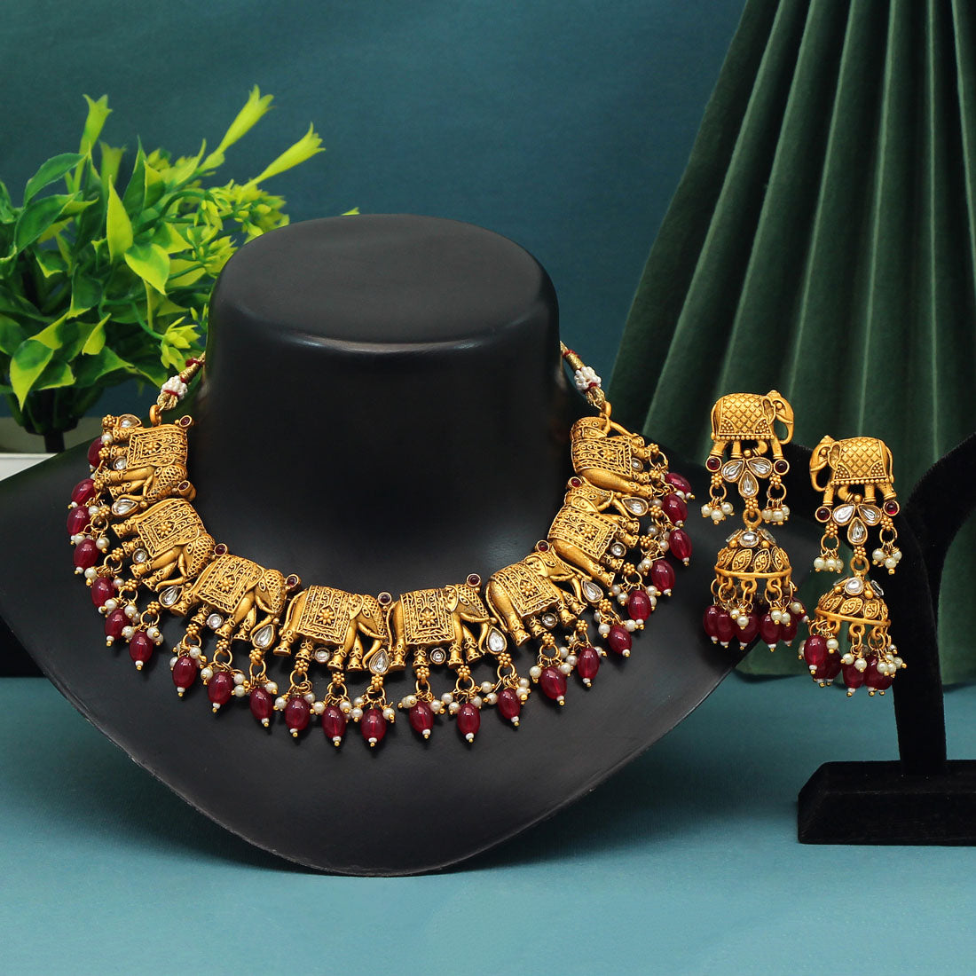 Rani Color Rajwadi Matte Gold Necklace Set (TPLN418RNI)