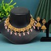 Pink Color Matte Gold Temple Necklace Set (TPLN424PNK)