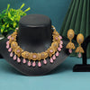 Pink Color Matte Gold Temple Necklace Set (TPLN425PNK)