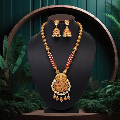 Maroon Color Long Matte Gold Rajwadi Temple Necklace Set (TPLN471MRN)