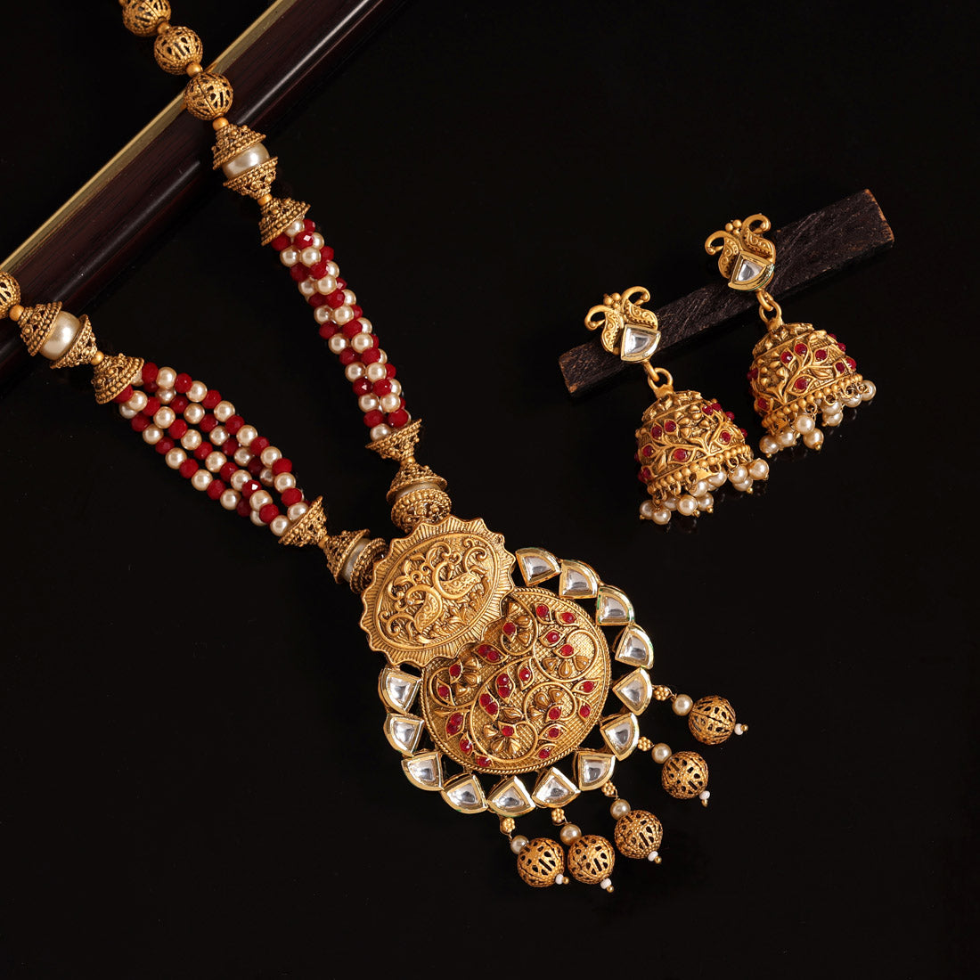 Maroon Color Long Matte Gold Rajwadi Temple Necklace Set (TPLN471MRN)