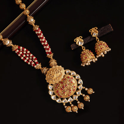 Maroon Color Long Matte Gold Rajwadi Temple Necklace Set (TPLN471MRN)