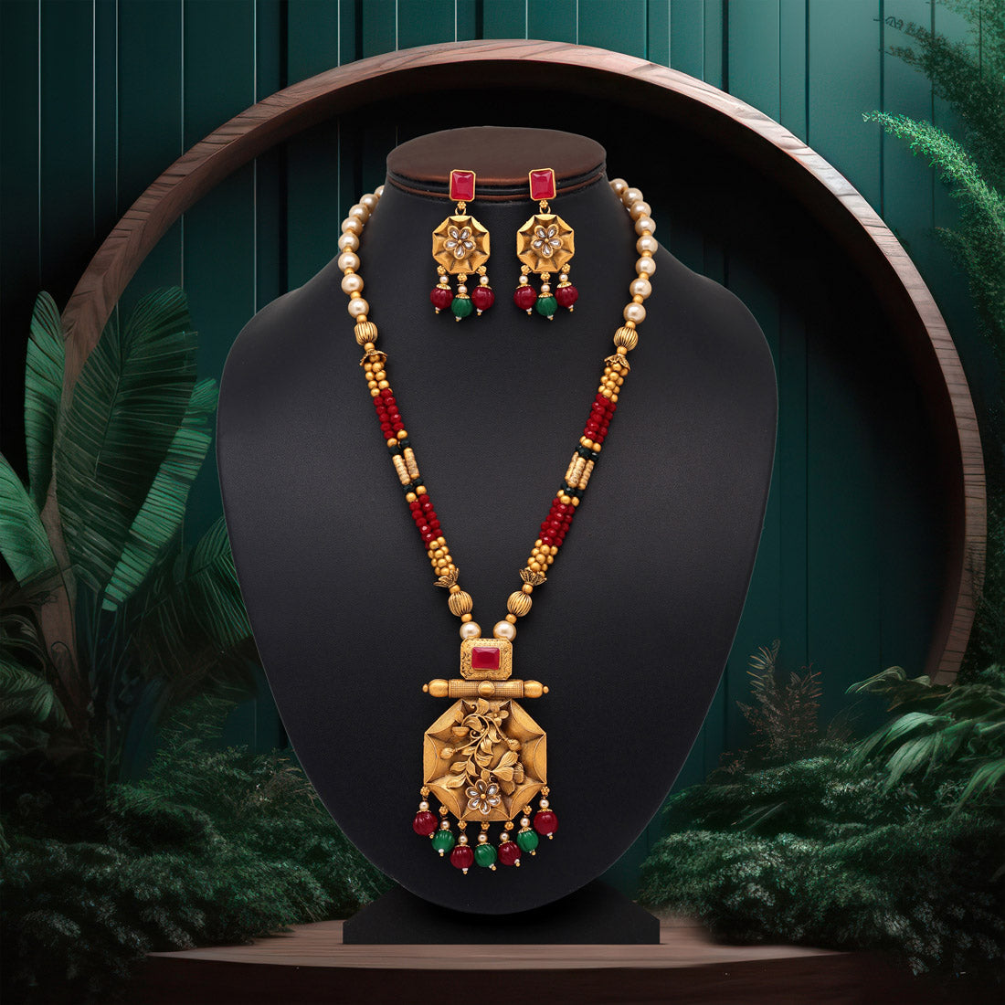 Maroon & Green Color Vilandi Kundan Long Matte Gold Rajwadi Temple Necklace Set (TPLN474MG)