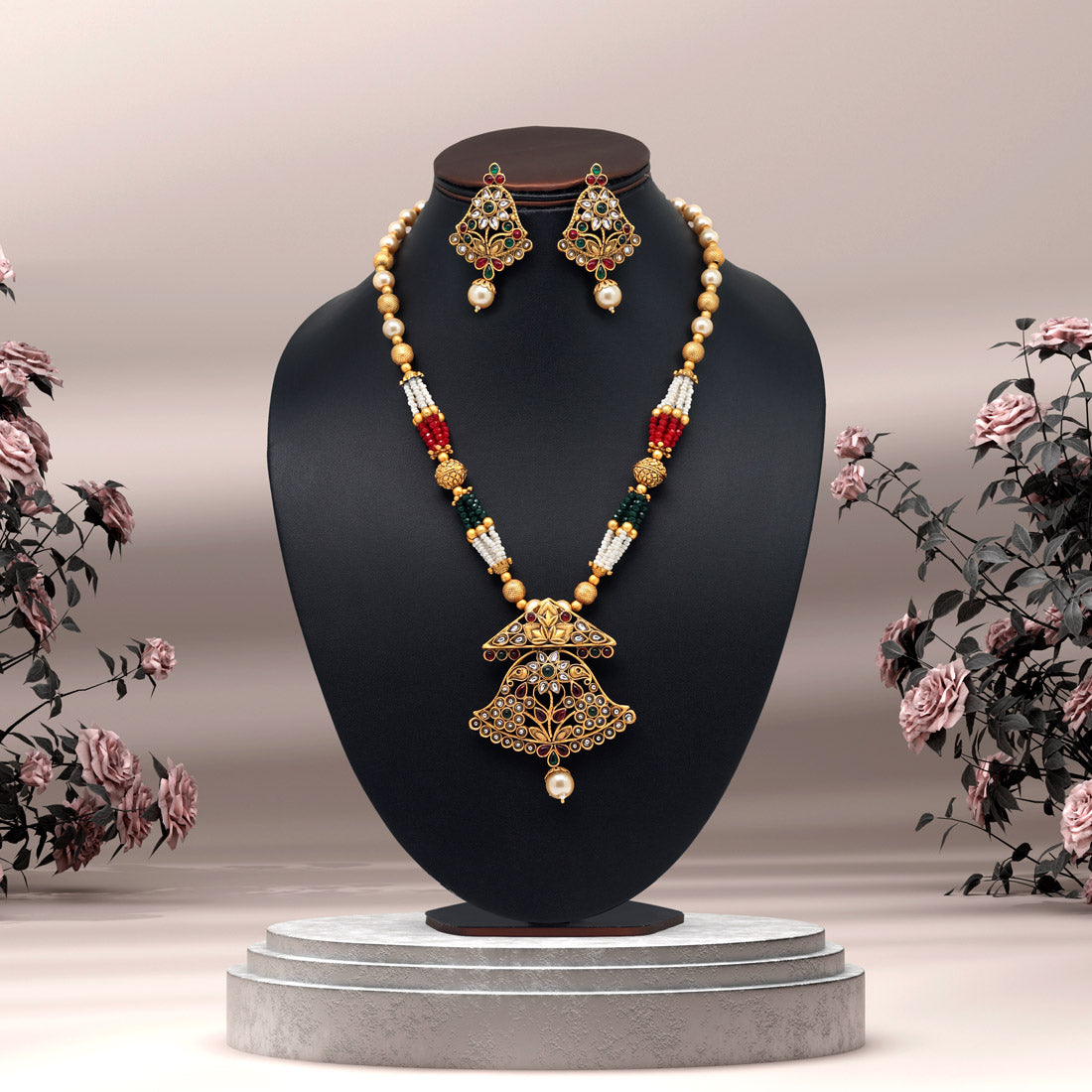 Maroon & Green Color Long Matte Gold Rajwadi Temple Necklace Set (TPLN504MG)