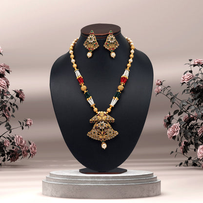 Maroon & Green Color Long Matte Gold Rajwadi Temple Necklace Set (TPLN504MG)