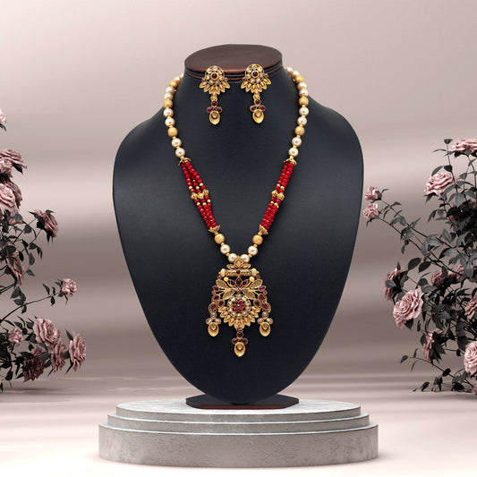 Maroon Color Long Matte Gold Rajwadi Temple Necklace Set (TPLN509MRN)