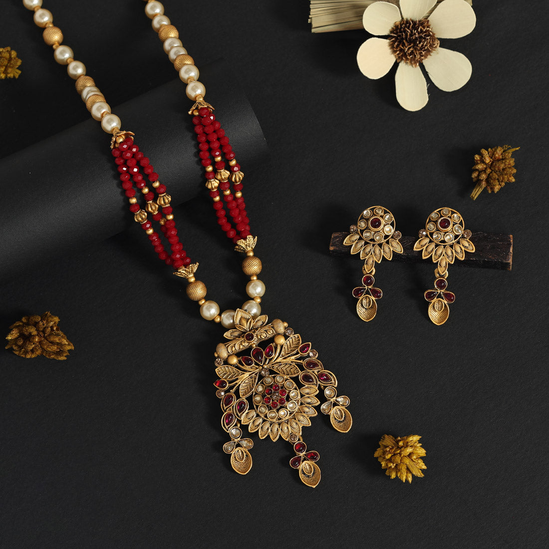 Maroon Color Long Matte Gold Rajwadi Temple Necklace Set (TPLN509MRN)