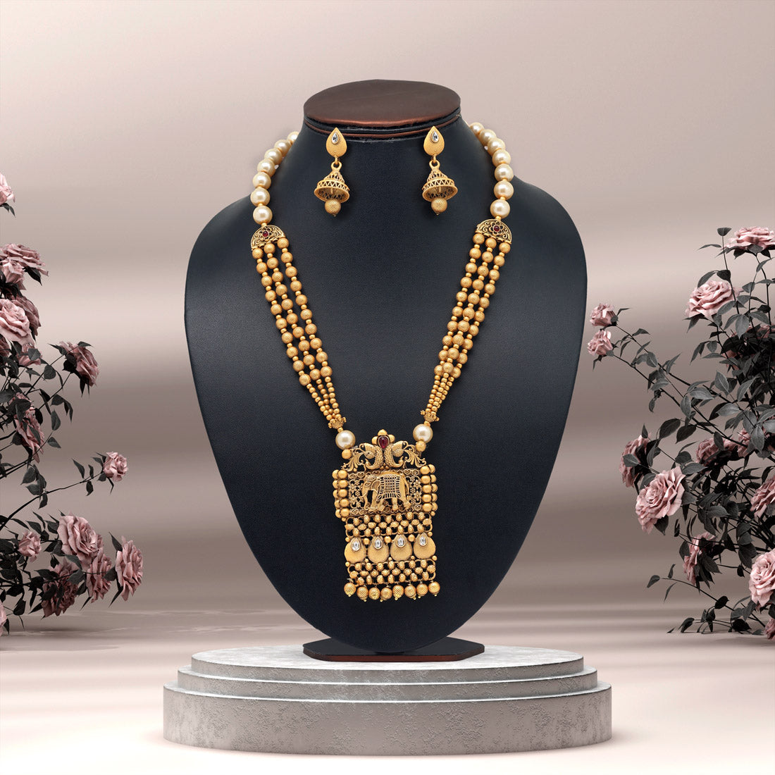 Rani Color Long Matte Gold Rajwadi Temple Necklace Set (TPLN514RNI)