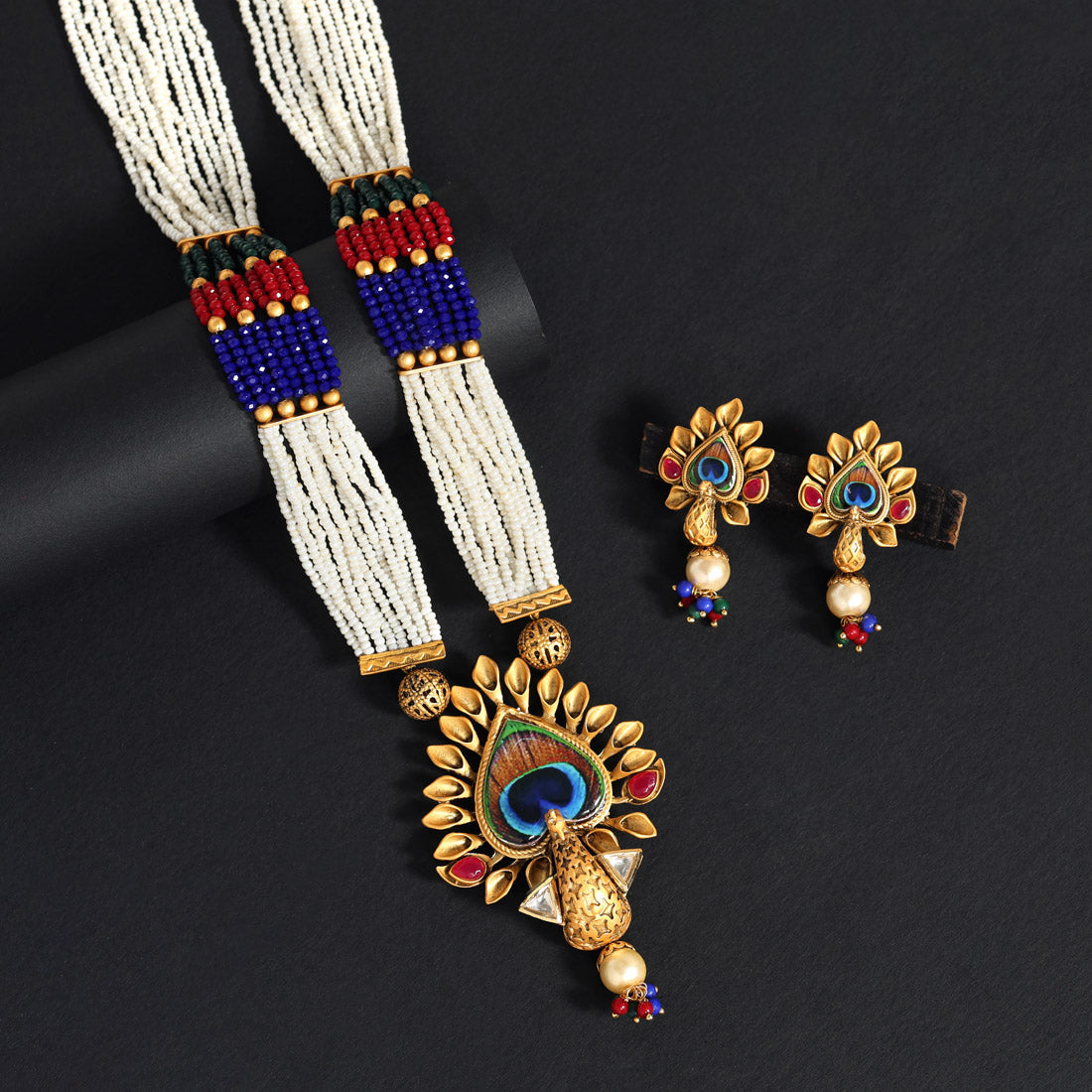 Multi Color Peacock Inspired Matte Gold Rajwadi Temple Necklace Set (TPLN516MLT)