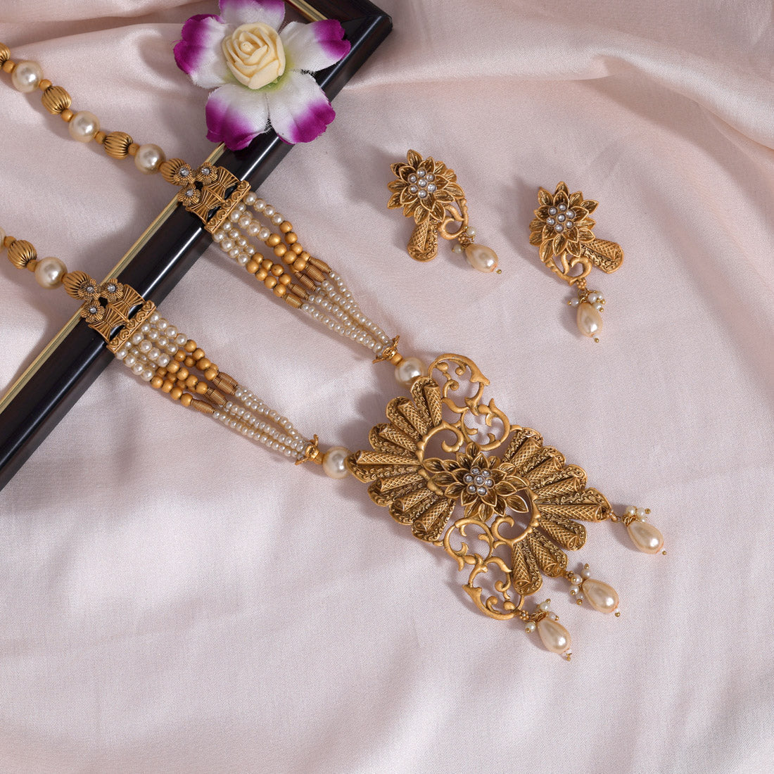 Gold Color Long Matte Gold Rajwadi Temple Necklace Set (TPLN522GLD)