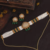 Green Color Choker Matte Gold Temple Necklace Set (TPLN535GRN)